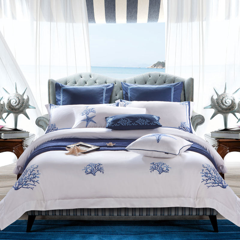 Blue Embroidery White Egyptian Cotton Silky Soft Duvet Cover