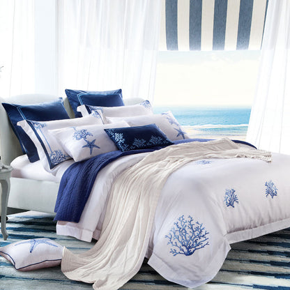 Blue Embroidery White Egyptian Cotton Silky Soft Duvet Cover