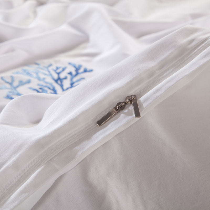 Blue Embroidery White Egyptian Cotton Silky Soft Duvet Cover