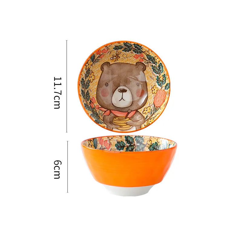 Forest Animal Design Household Handle Ceramic Bowl