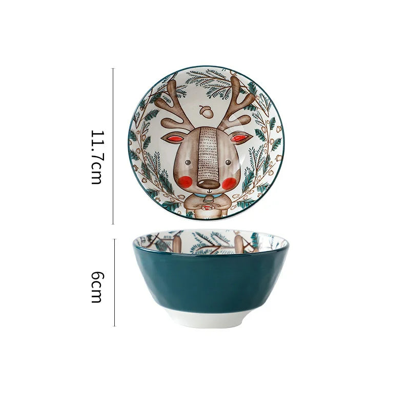 Forest Animal Design Household Handle Ceramic Bowl