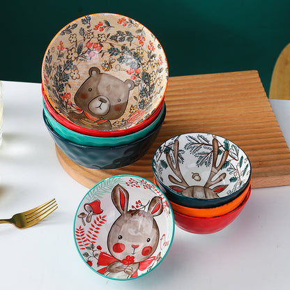 Forest Animal Design Household Handle Ceramic Bowl