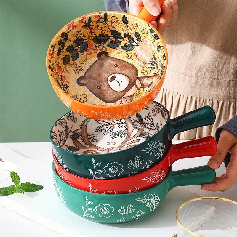 Forest Animal Design Household Handle Ceramic Bowl