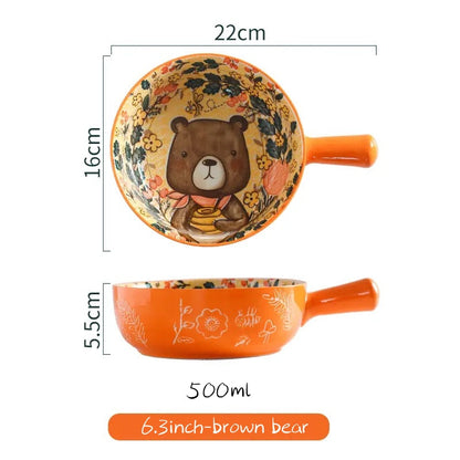 Forest Animal Design Household Handle Ceramic Bowl