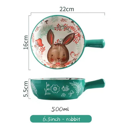 Forest Animal Design Household Handle Ceramic Bowl