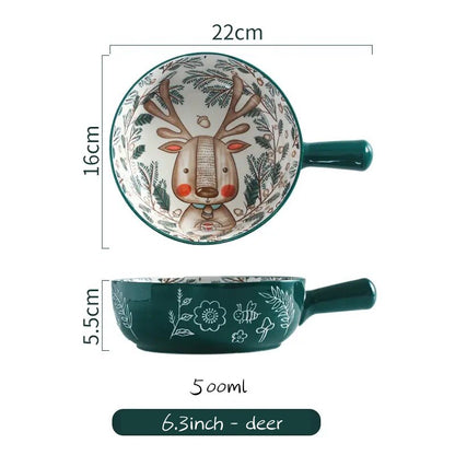 Forest Animal Design Household Handle Ceramic Bowl