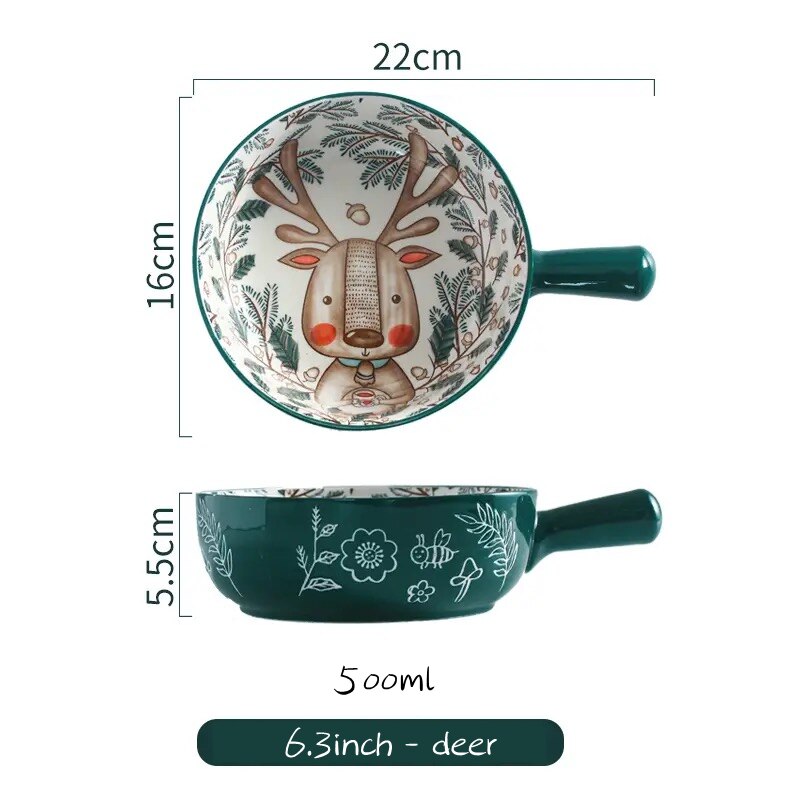 Forest Animal Design Household Handle Ceramic Bowl