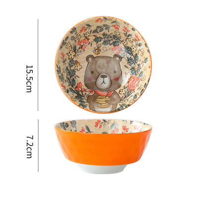 Forest Animal Design Household Handle Ceramic Bowl