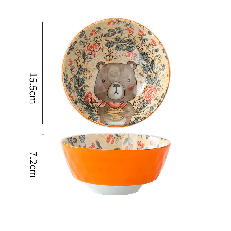 Forest Animal Design Household Handle Ceramic Bowl