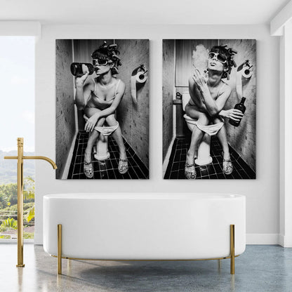 Girl Sitting On Toilet Smoking and Drinking Canvas Wall Art(Bundle Order 2 Canvases)