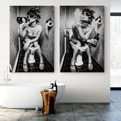 Girl Sitting On Toilet Smoking and Drinking Canvas Wall Art(Bundle Order 2 Canvases)