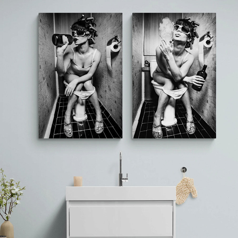 Girl Sitting On Toilet Smoking and Drinking Canvas Wall Art(Bundle Order 2 Canvases)