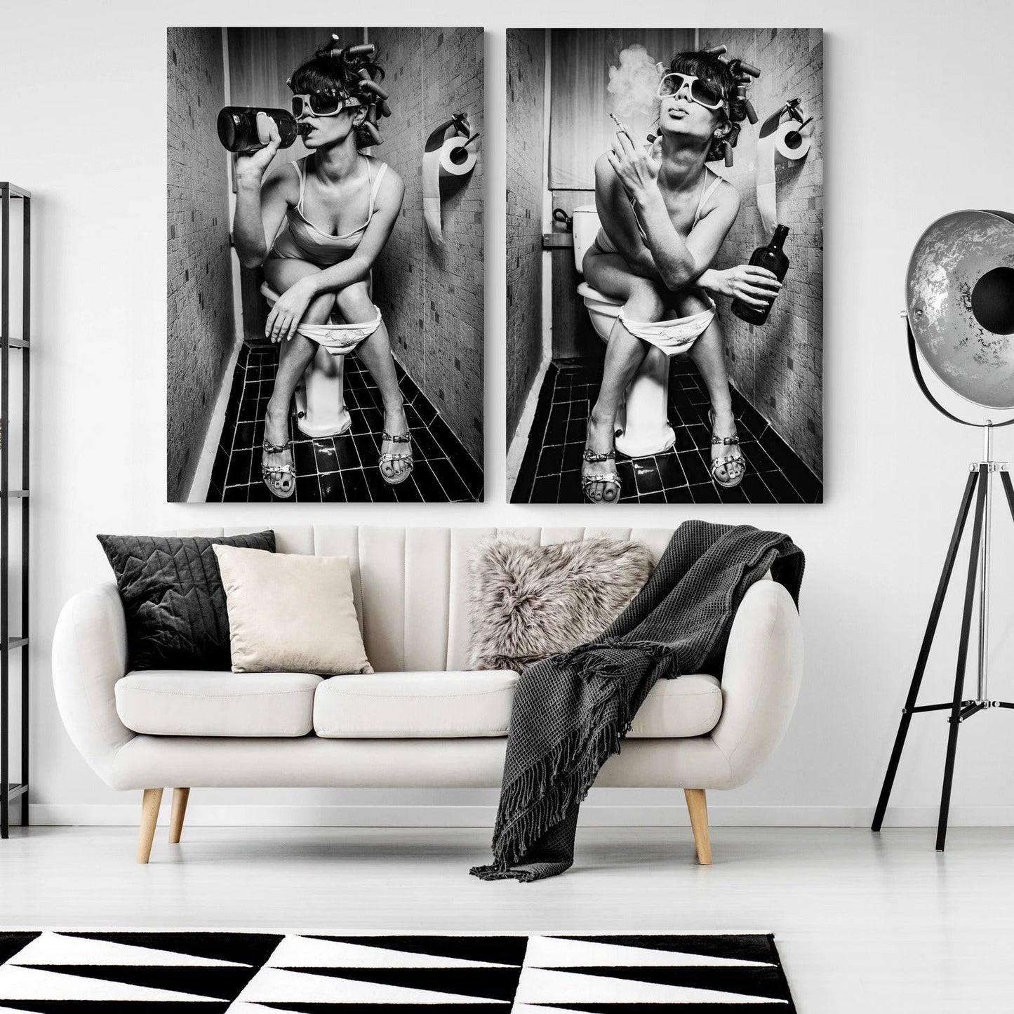 Girl Sitting On Toilet Smoking and Drinking Canvas Wall Art(Bundle Order 2 Canvases)