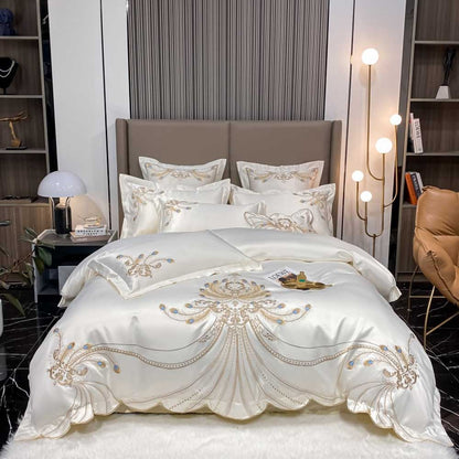 Luxury Gold Feather Embroidery Egyptian Cotton Bedding Set