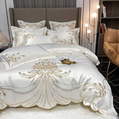 Luxury Gold Feather Embroidery Egyptian Cotton Bedding Set