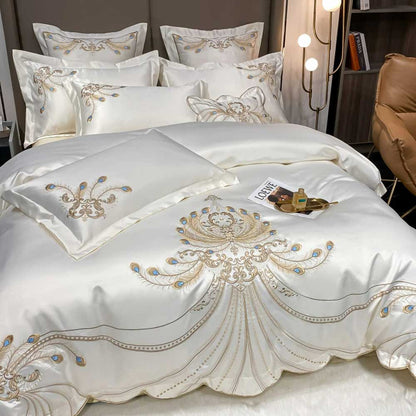 Luxury Gold Feather Embroidery Egyptian Cotton Bedding Set