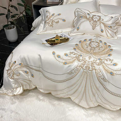 Luxury Gold Feather Embroidery Egyptian Cotton Bedding Set