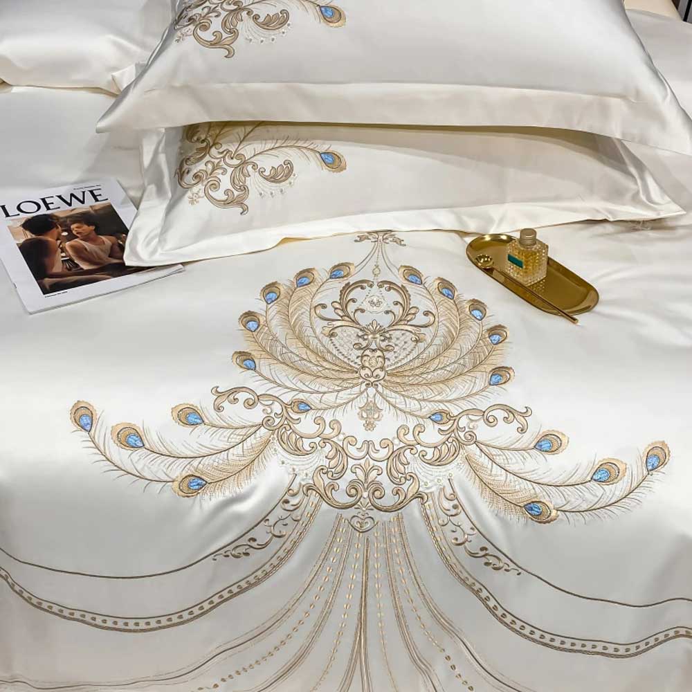 Luxury Gold Feather Embroidery Egyptian Cotton Bedding Set