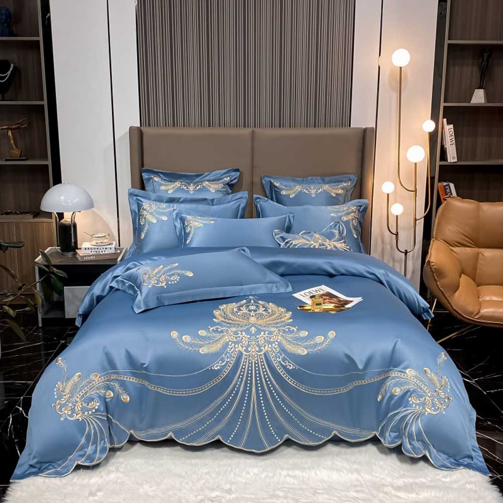 Luxury Gold Feather Embroidery Egyptian Cotton Bedding Set