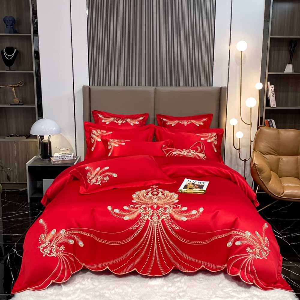 Luxury Gold Feather Embroidery Egyptian Cotton Bedding Set