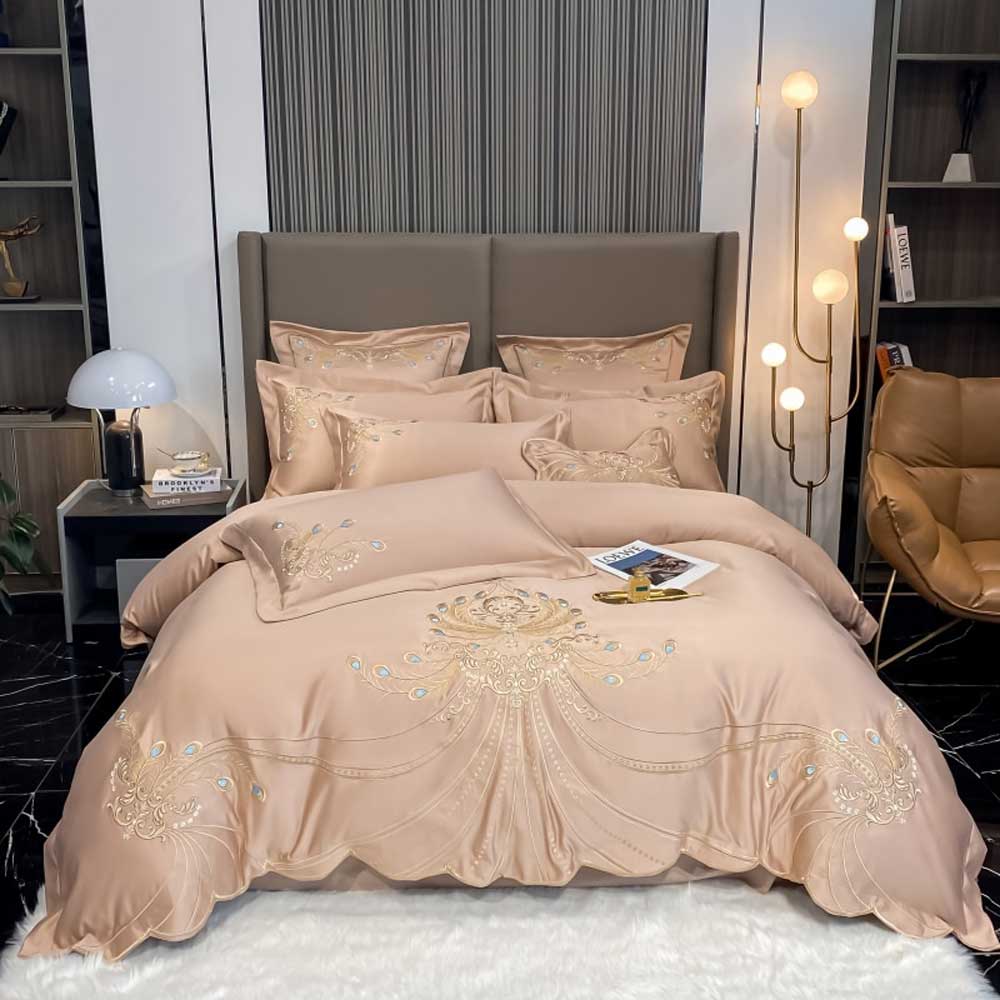 Luxury Gold Feather Embroidery Egyptian Cotton Bedding Set