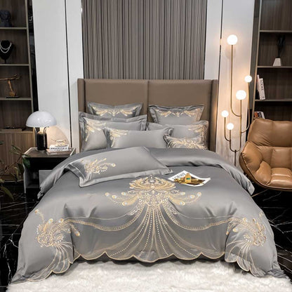 Luxury Gold Feather Embroidery Egyptian Cotton Bedding Set