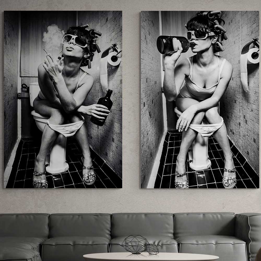 Girl Sitting On Toilet Smoking and Drinking Canvas Wall Art(Bundle Order 2 Canvases)