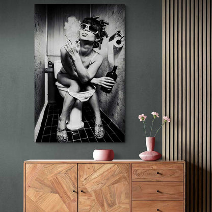 Girl Sitting On Toilet Smoking and Drinking Canvas Wall Art(Bundle Order 2 Canvases)