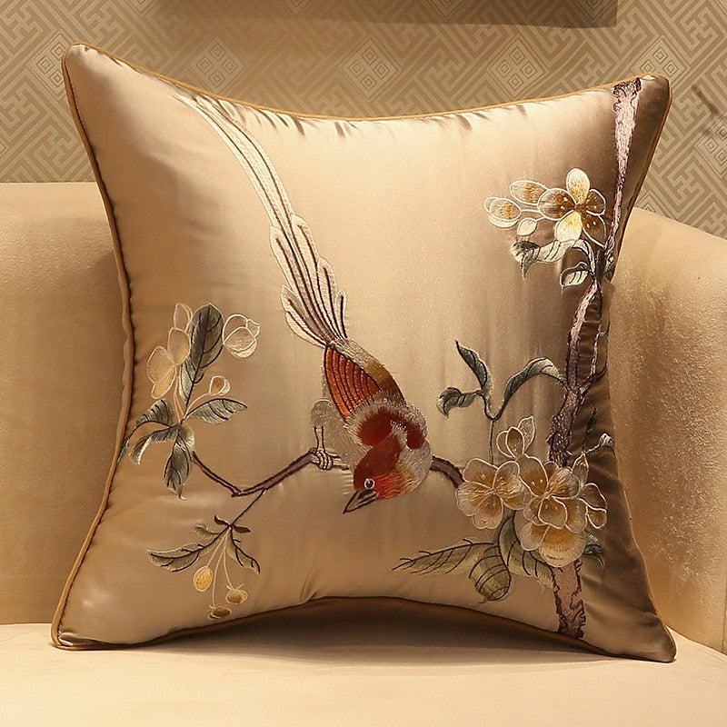 Silk Floral Flower Bird Embroidery Pillow Case