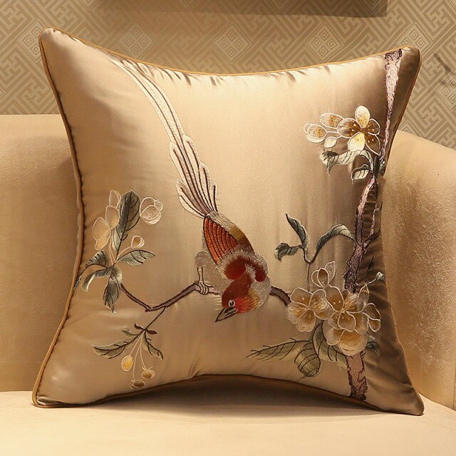 Silk Floral Flower Bird Embroidery Pillow Case