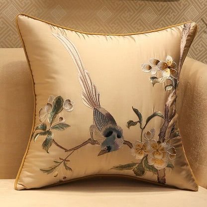 Silk Floral Flower Bird Embroidery Pillow Case