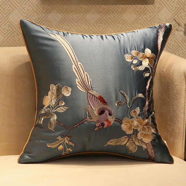 Silk Floral Flower Bird Embroidery Pillow Case